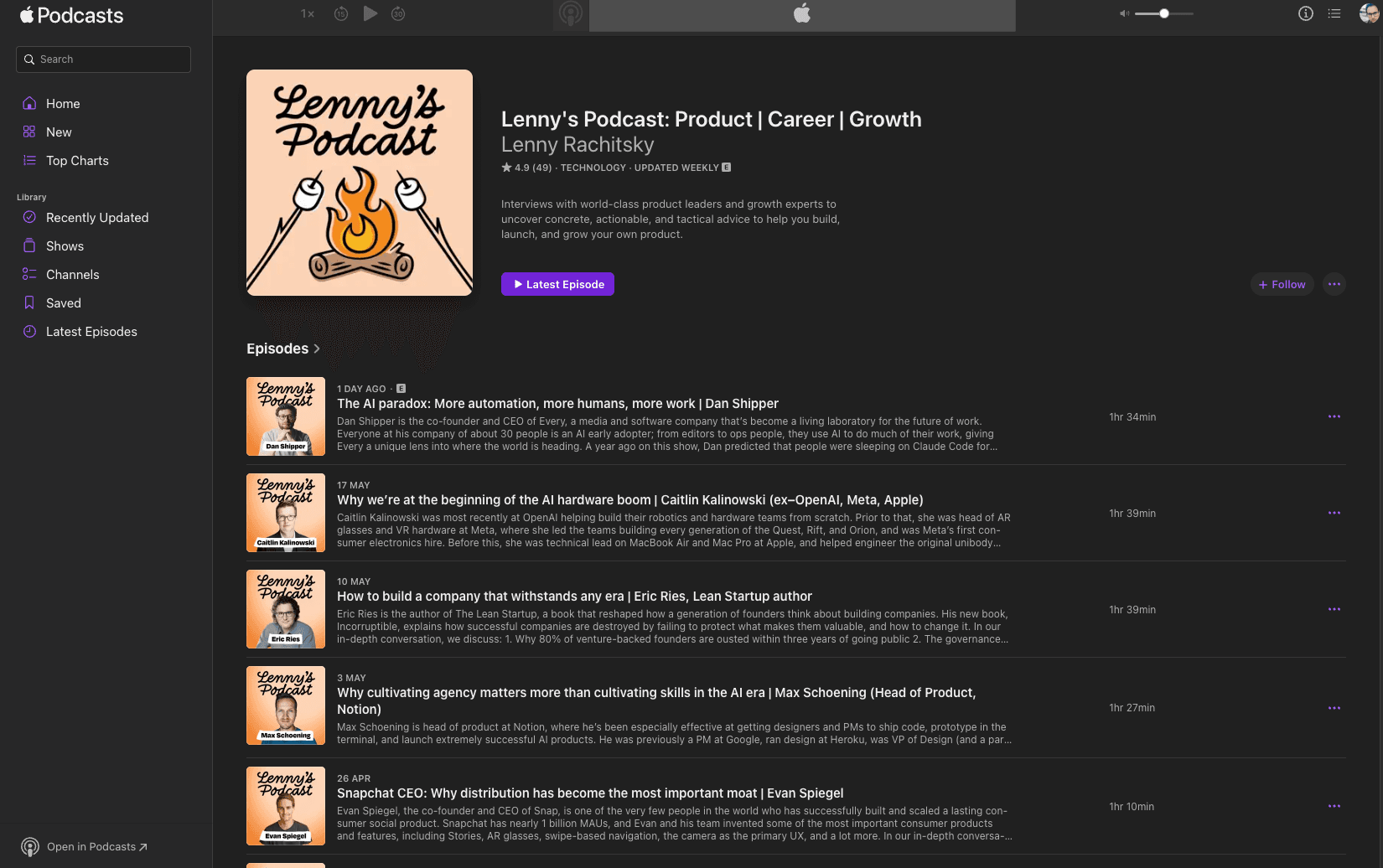 Apple Podcasts app showing podcast library with subscriptions and Now Playing controls