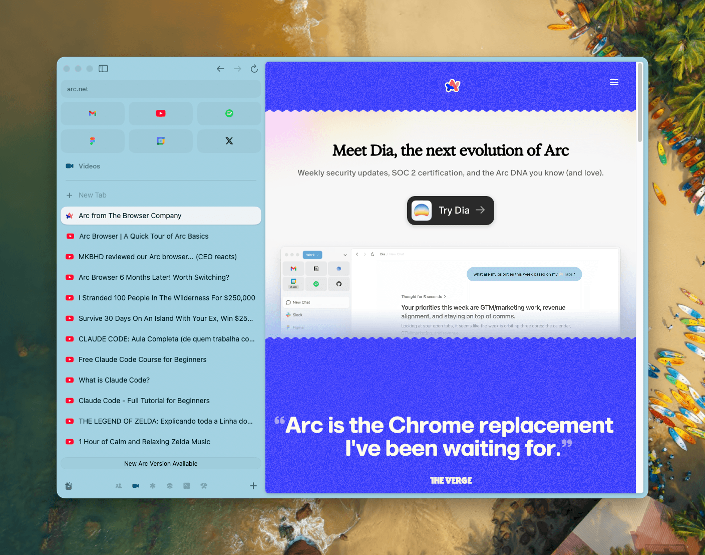 Arc browser showing Spaces sidebar with organized tabs and workspaces