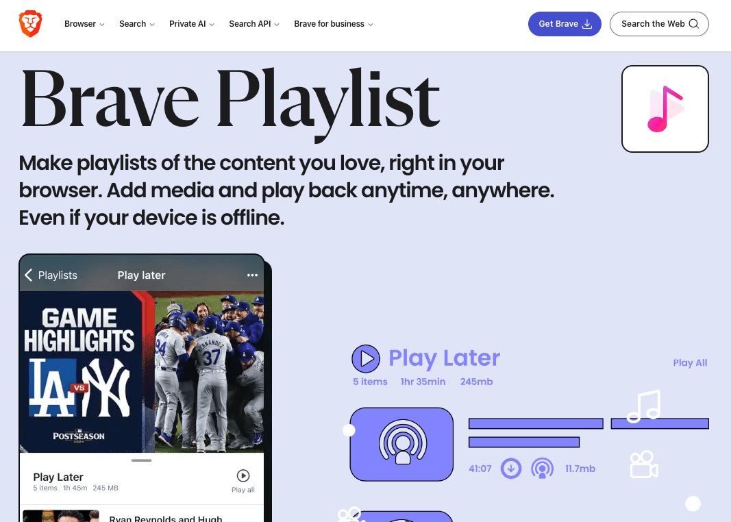 Brave Playlist interface showing saved media items for offline playback on iOS