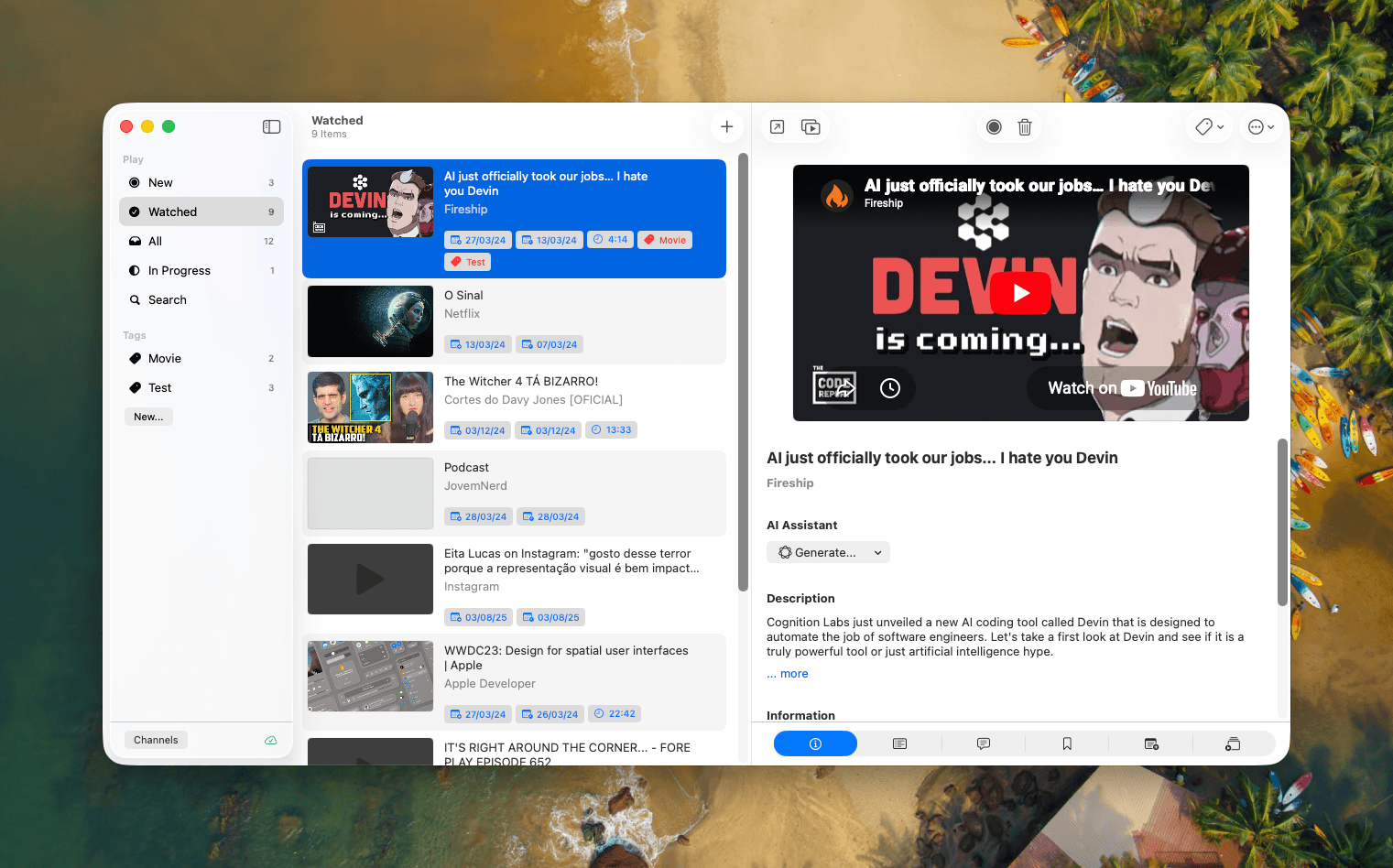 Play app on macOS showing a visual grid of saved videos organized for watch-later