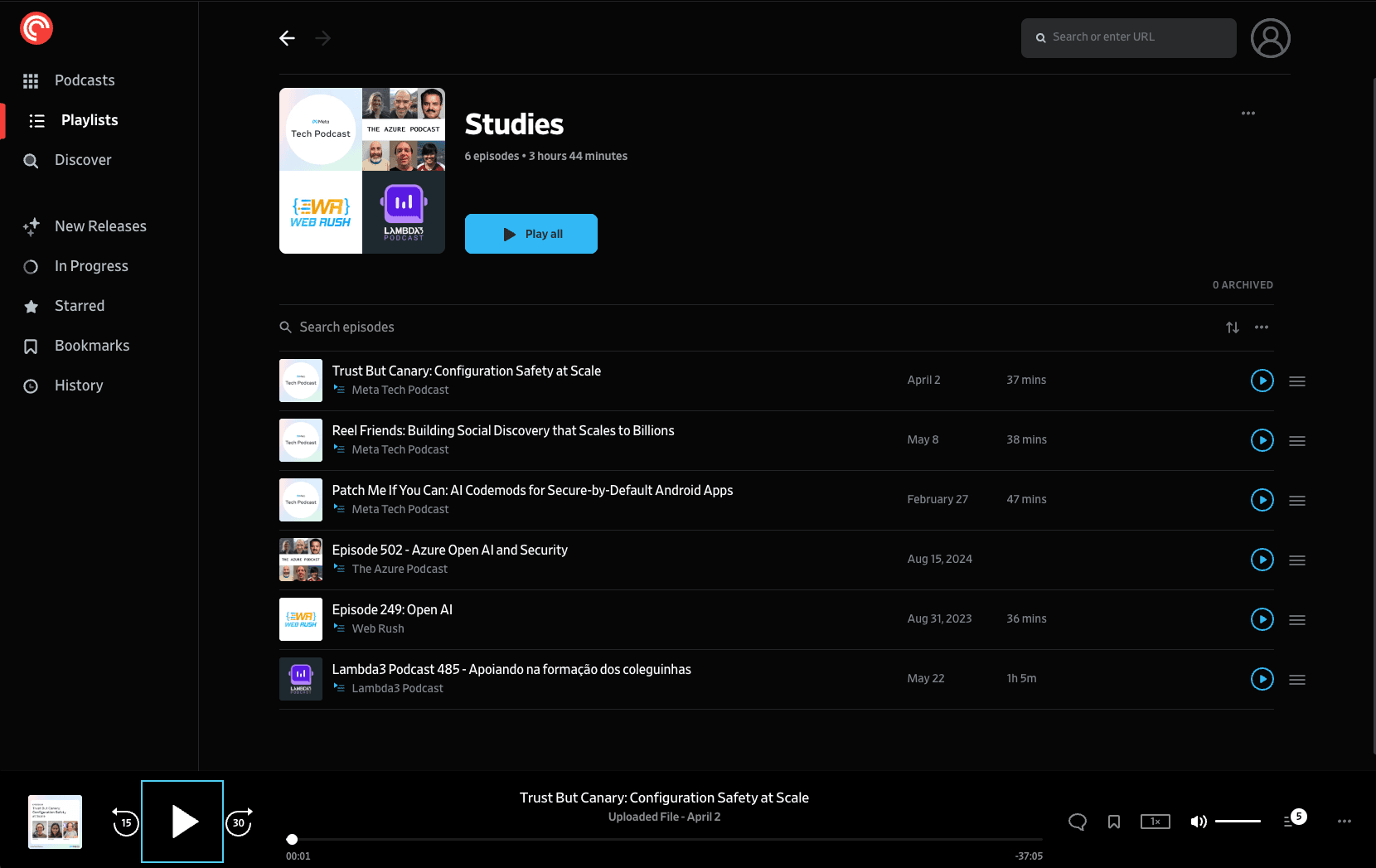 Pocket Casts app showing podcast subscriptions with Up Next queue and playback controls