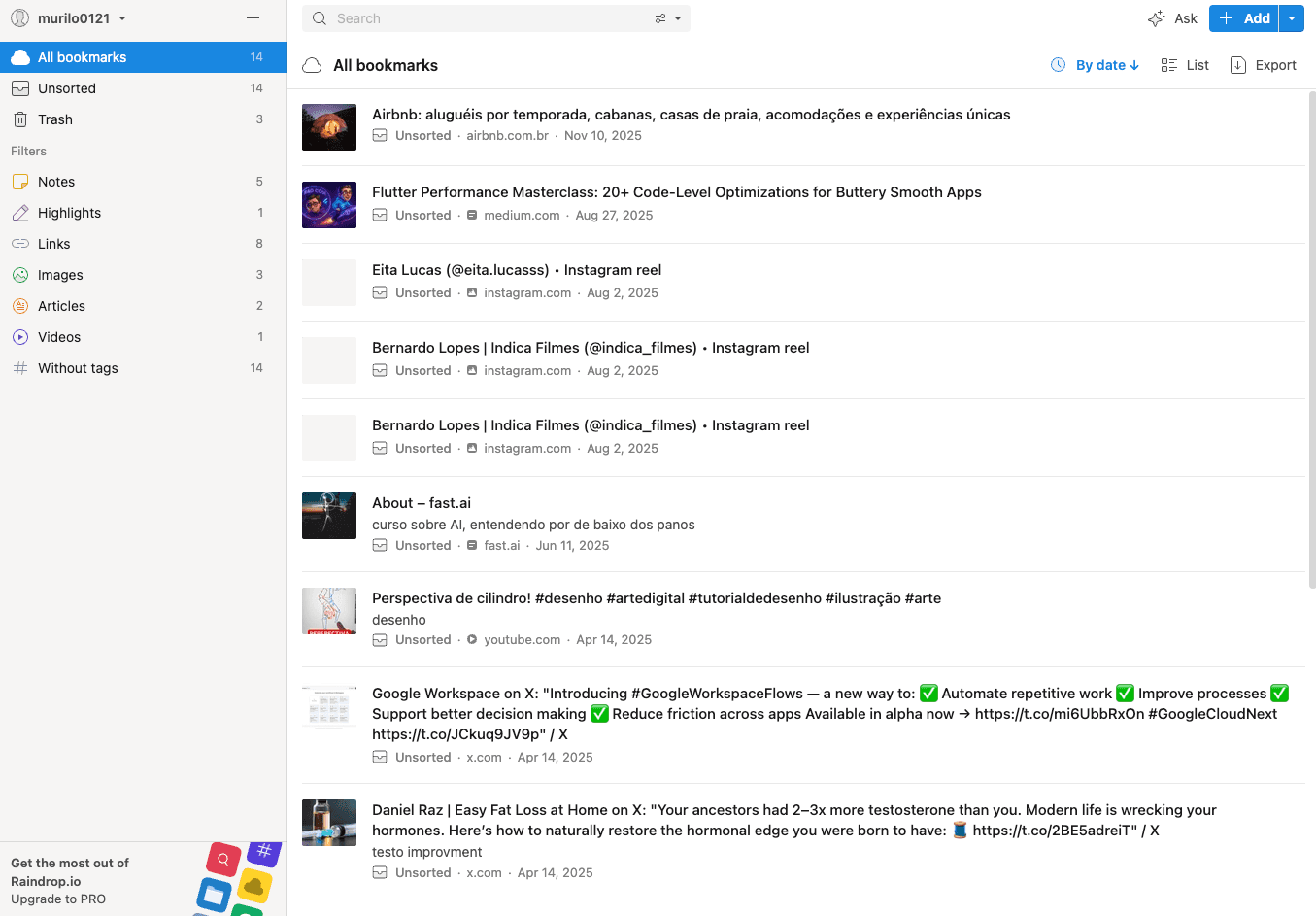 Raindrop.io dashboard showing organized bookmark collections with visual previews