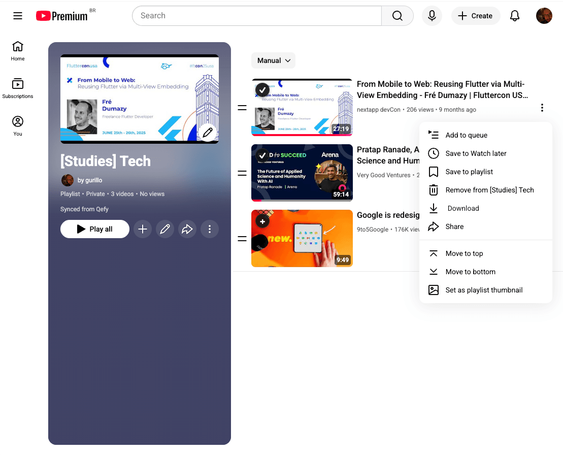 YouTube playlist interface showing a list of saved videos in the YouTube web app
