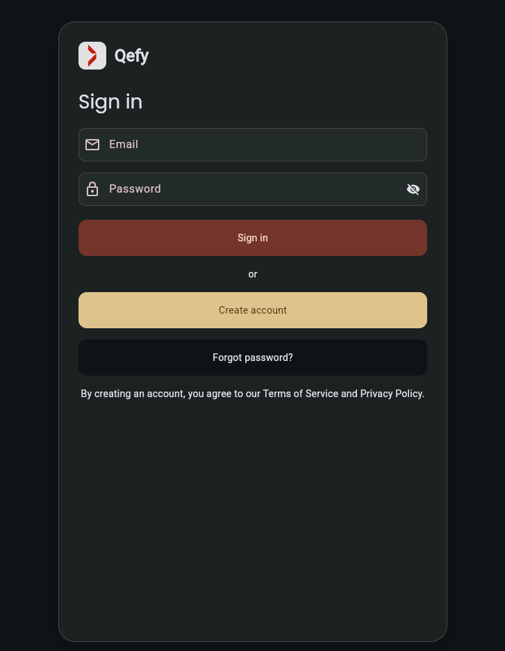 QueueFy web app sign-in screen with Email and Password fields