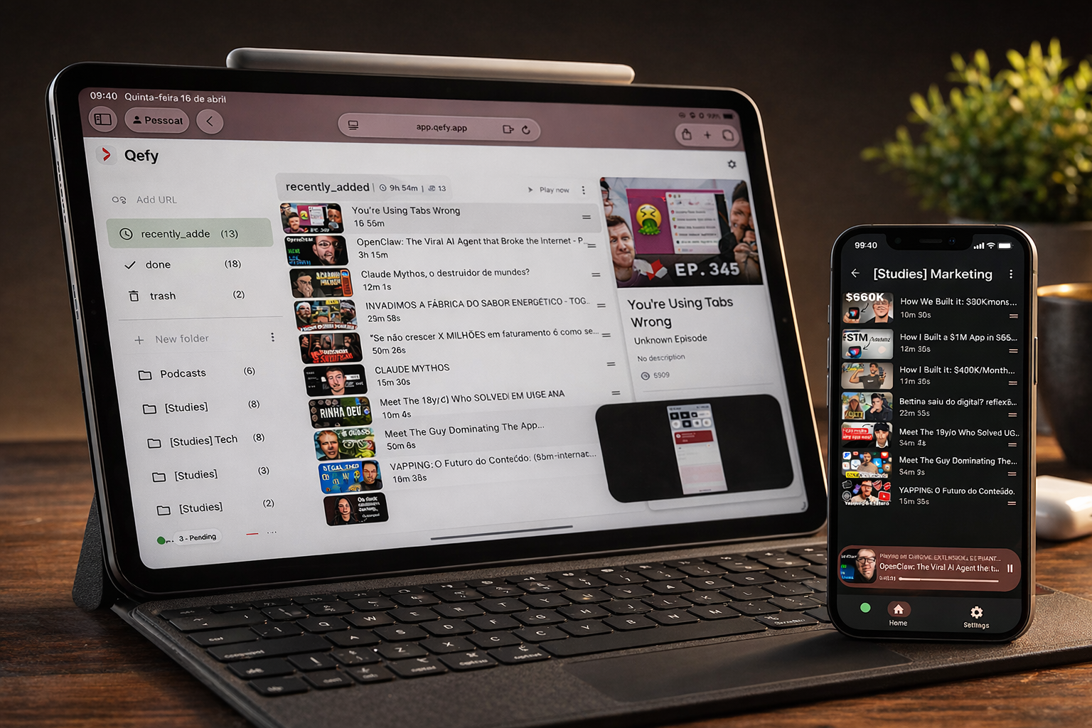 QueueFy web app on iPad and iPhone showing folders and saved media list