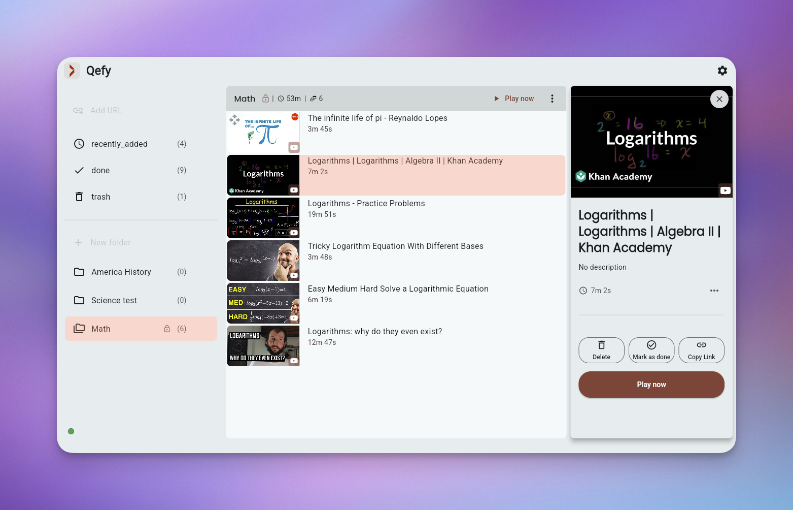 QueueFy — videos organized in folders with a focused play queue