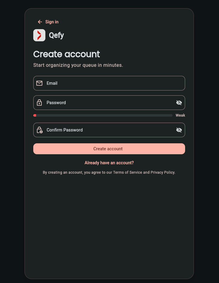 QueueFy web app sign-up screen with email and password fields