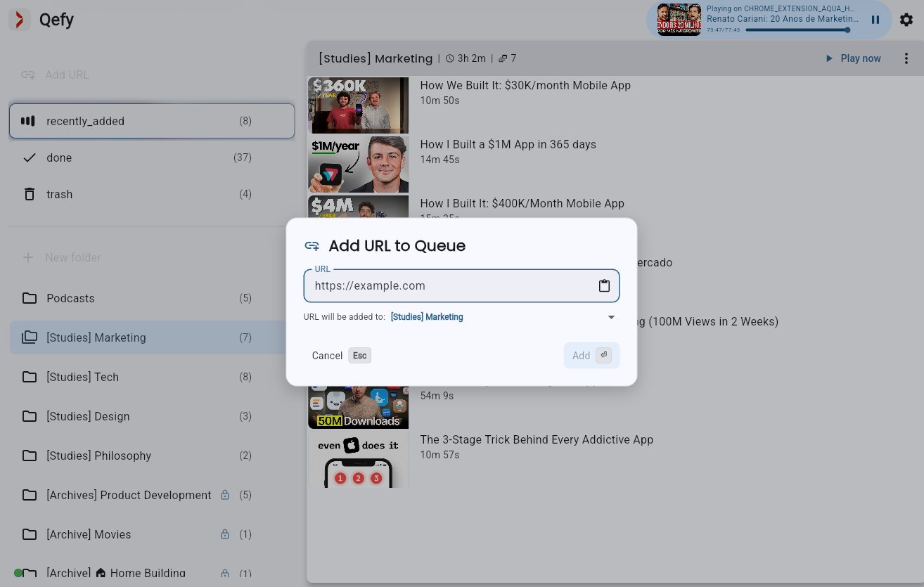 QueueFy web app: Add URL to Queue dialog with link field, clipboard, and destination folder