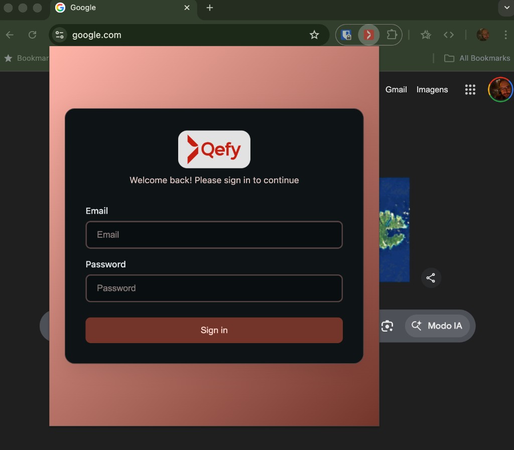 QueueFy Chrome extension popup with email, password, and Sign in after clicking the toolbar icon
