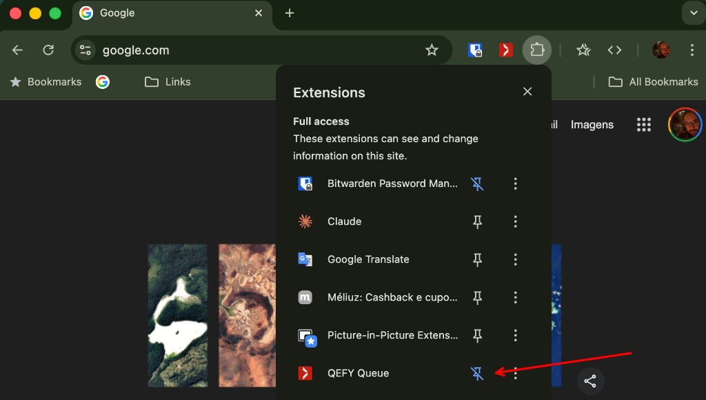 Chrome Extensions menu with QueueFy Queue and the pin icon highlighted to pin the extension